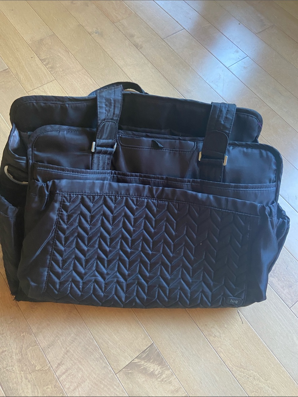 lug Caboose Carry All Overnight Travel Black Quilted Tote with Chevron Panel
